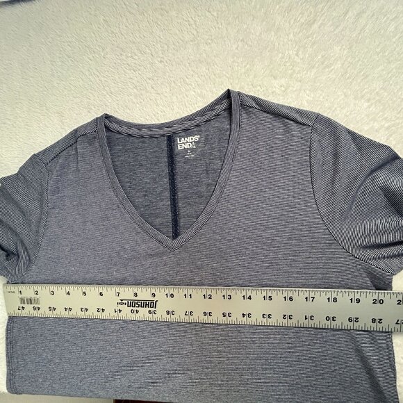 Lands' End Womens Blue Pinstripe V-Neck Long Sleeve Top Medium 10-12 Stretch - Picture 7 of 8